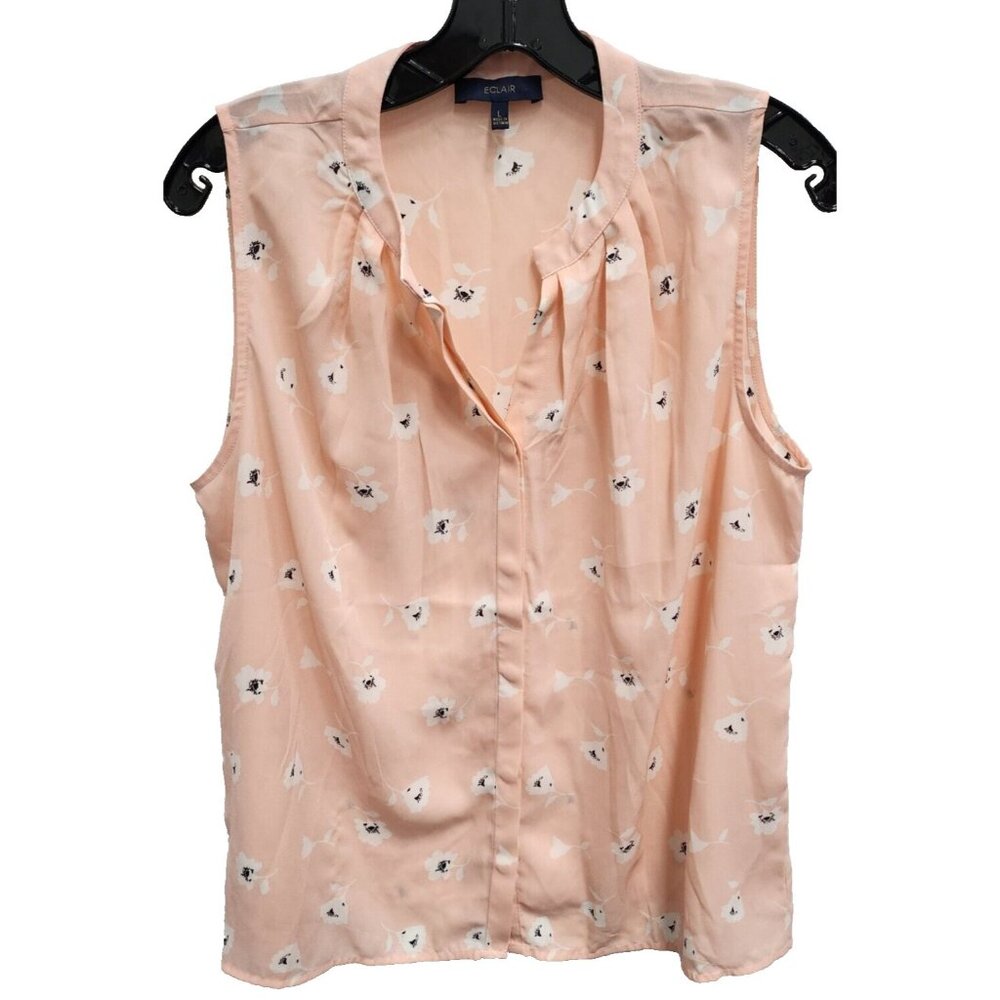 Eclair‎ Women Pink Floral Blouse Top Size Large Sleeveless Button Up Cottagecore